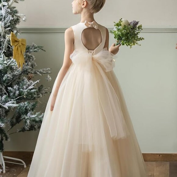 Girls Sleeveless Formal Princess Pageant Flower Girl Gown Satin/Tulle IVORY Sz 8 - Picture 3 of 8